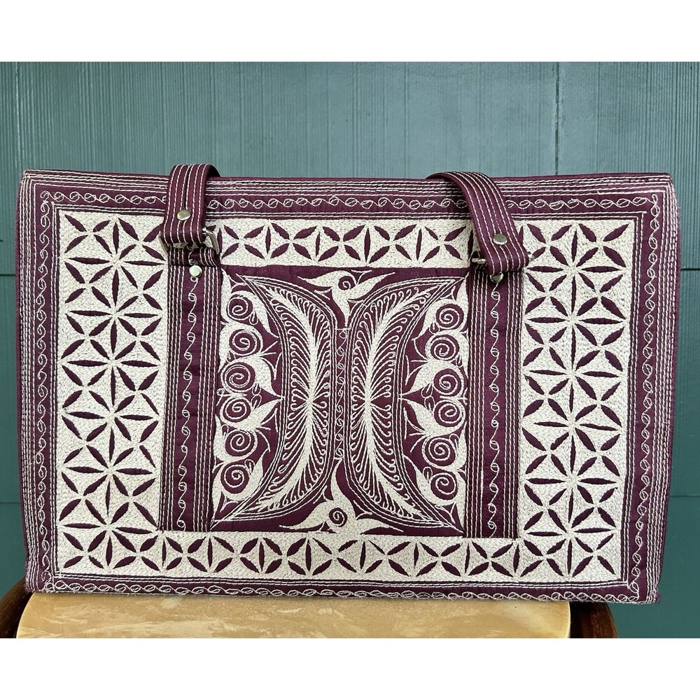 Laga Designs Embroidered Tote Bag Shoulder Purse Burgundy Floral Lining 10x15